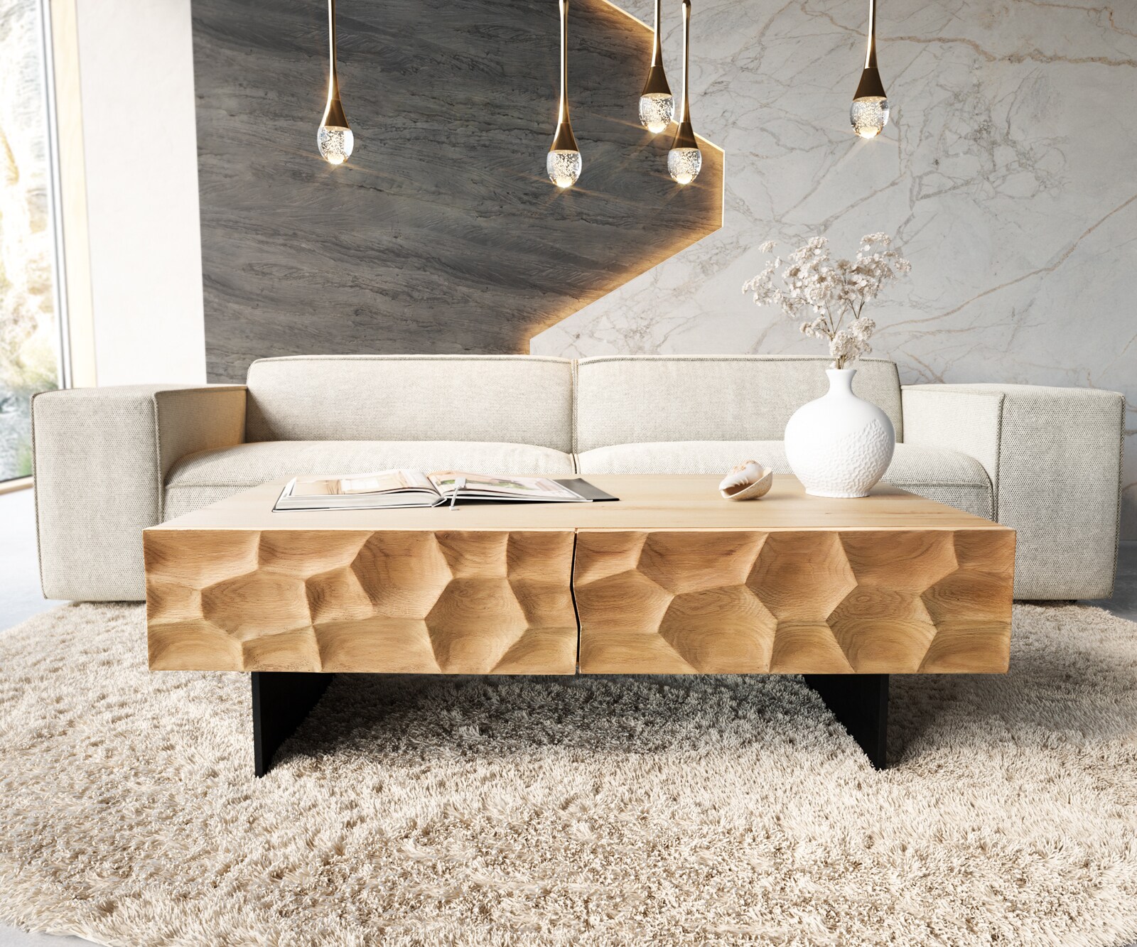 Холна маса 120x70 cm Дъб Натурал 4 Чекмеджета плаващ крак Метал Черен 3D-Front Solu 1