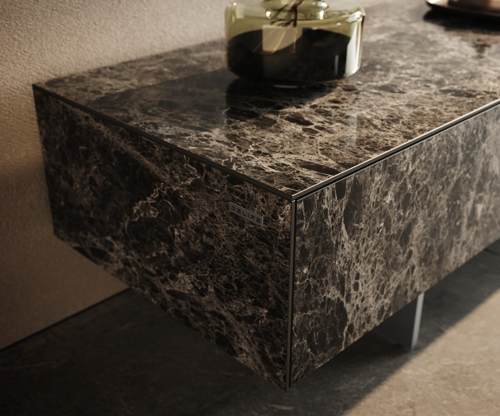 Ниска дъска Cuor 150 см Керамичен ламинат® Emperador Extra Lucidato Тъмно кафяво 1 капак 1 чекмедже Основа Окачен вид неръждаема стомана 5