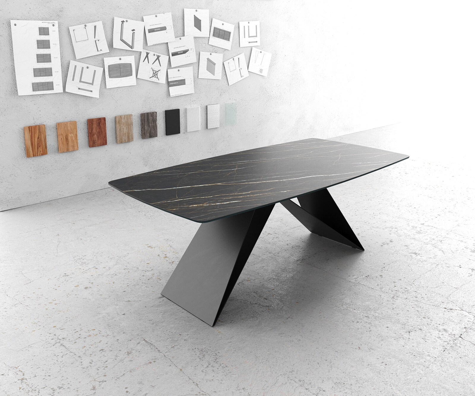 Трапезна маса Edge с форма на ботуш 200x100 см, Laminam, ®, керамика Noir Desir, кафява, с V-образна централна опора, черна 1