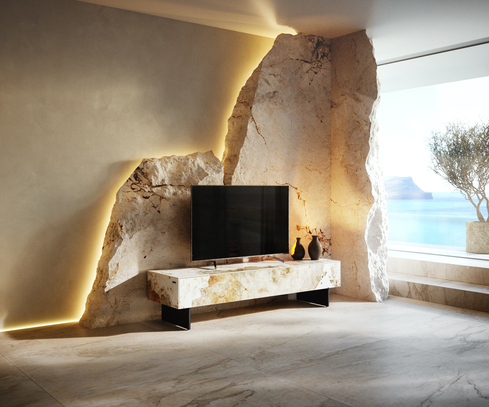 Ниска дъска Cuor 150 см Керамика Minas Melange Бяло-бежово 1 клапа 1 чекмедже Основа Плаващ вид Метал Черно 1