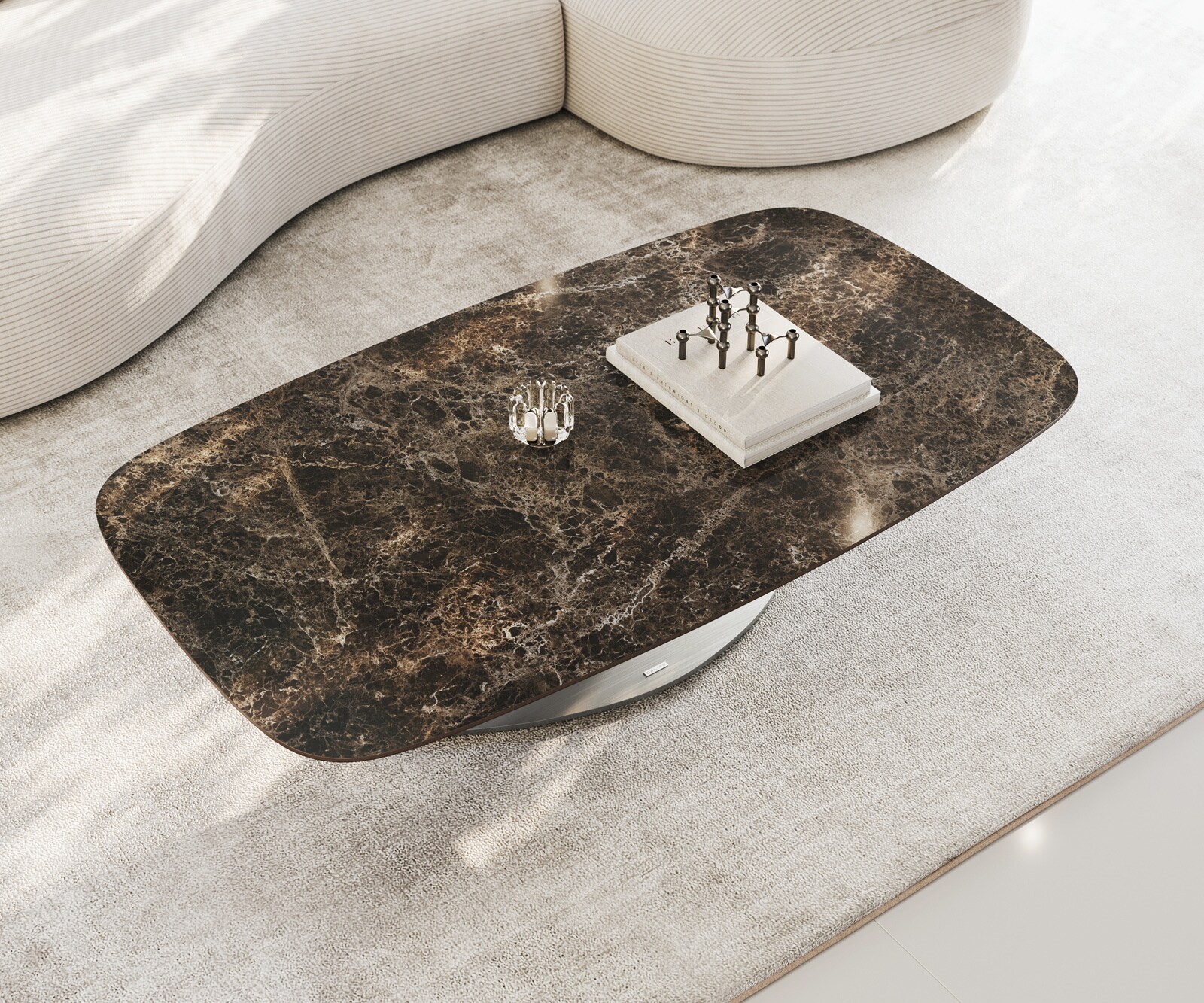 Масичка за кафе Edge Boot 140x80 cm Керамичен ламинат® Emperador Extra Lucidato Тъмно кафяво Vibany Матирана неръждаема стомана 4