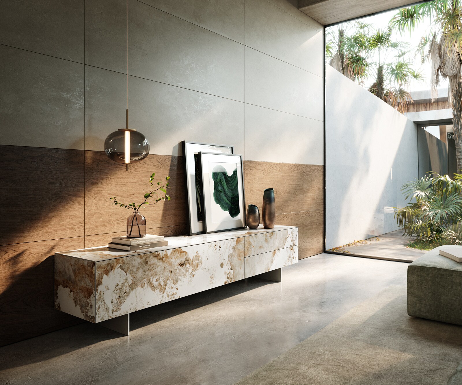 Нисък плот Cuor 220 см керамика Minas Melange Бяло-бежово 1 клапа 2 чекмеджета Основа Плаващ вид неръждаема стомана 1