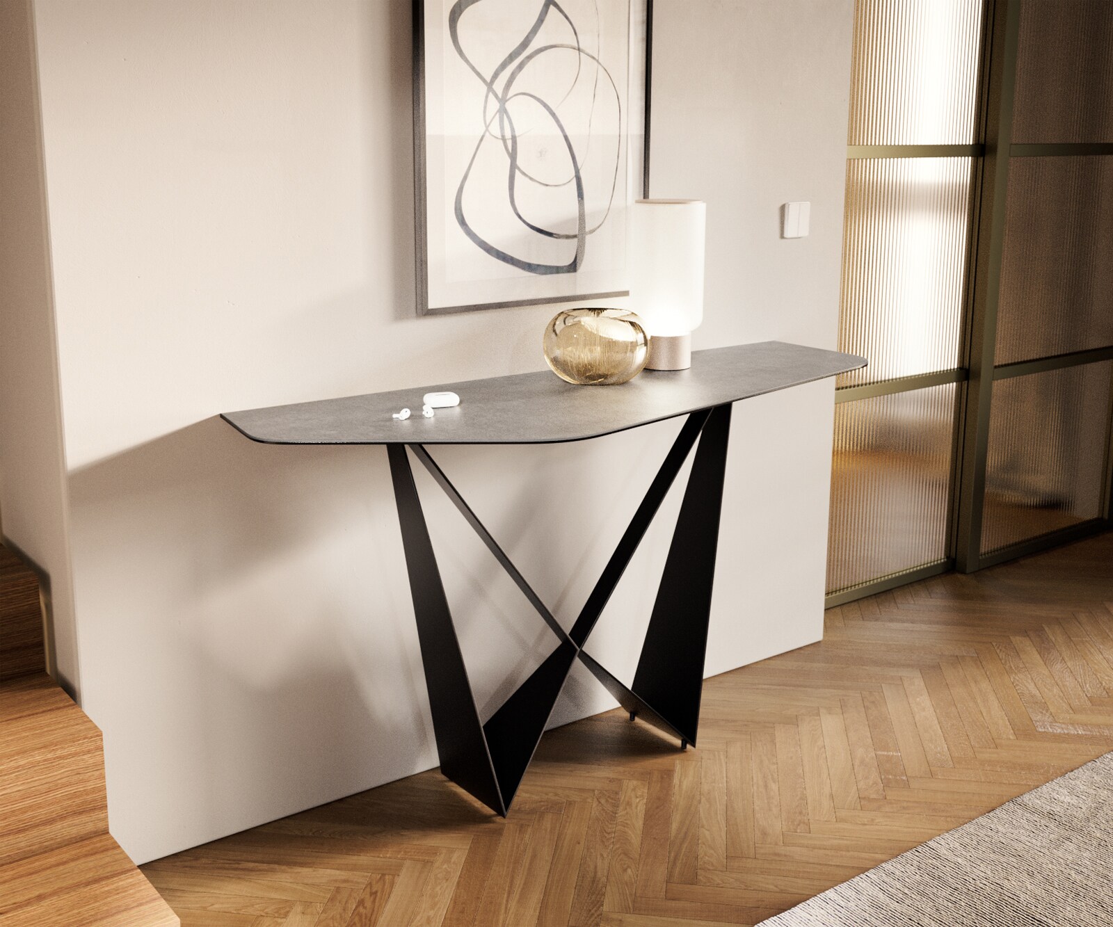 Конзолна маса Edge Polygonal 140x50 см, керамика и бетон в сиво, метал Spios в черно