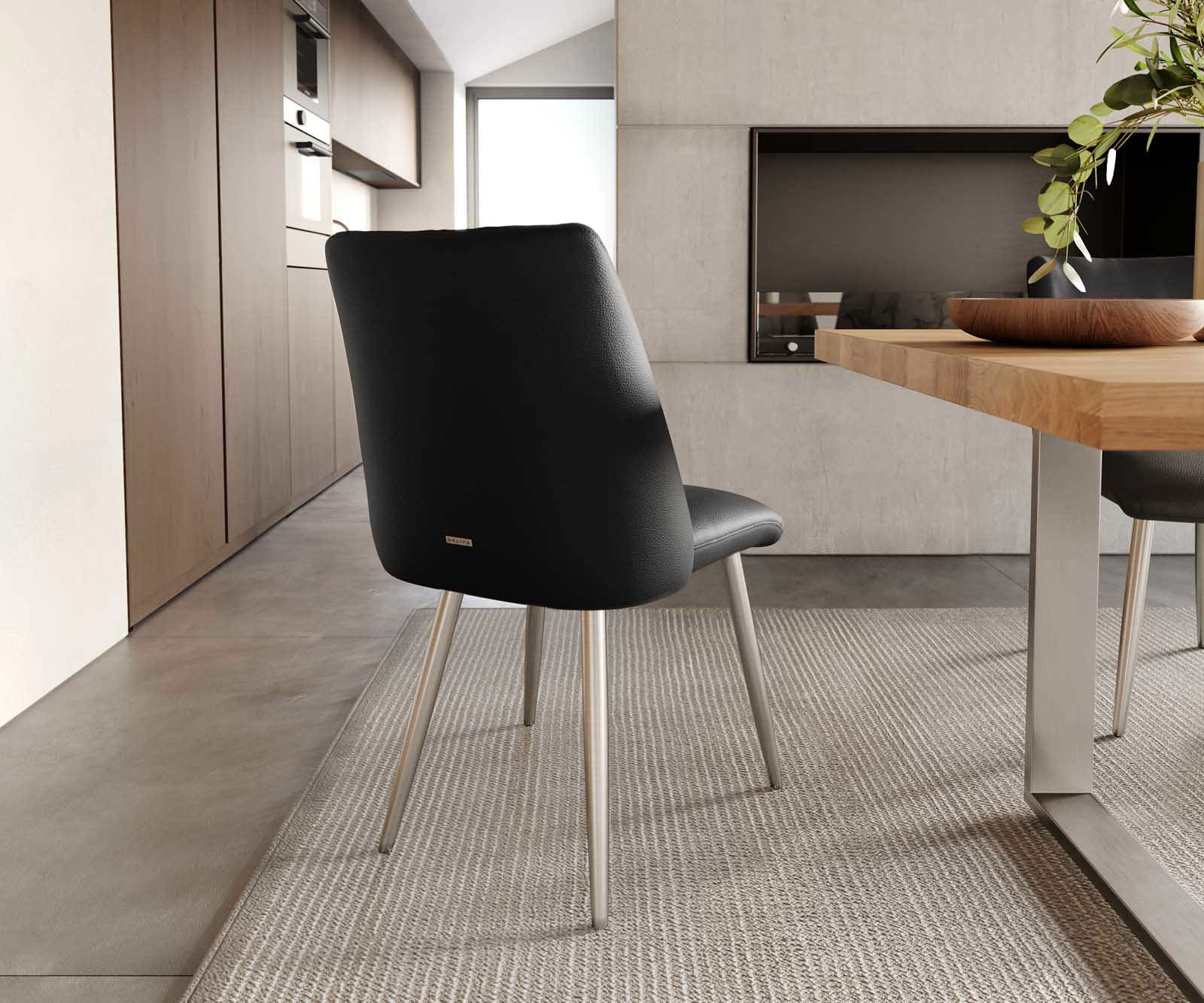 Трапезен стол Естествена кожа Черен 4 крака конични Неръждаема стомана Покет пружина Elso-Flex 3 Трапезен стол Естествена кожа Черен 4 крака конични Неръждаема стомана Покет пружина Elso-Flex 3