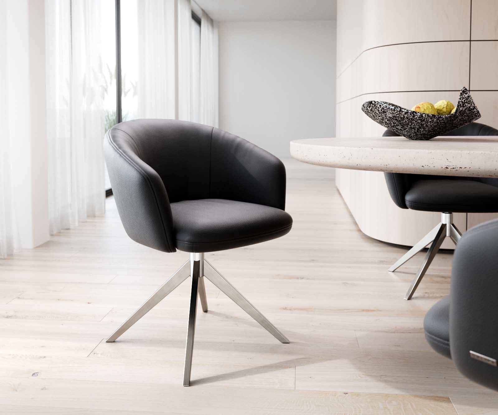 Врътящ се стол с подлакътници Естествена кожа Черен Конус крак плосък Неръждаема стомана 360° въртящ се Покет пружина Caja-Flex Врътящ се стол с подлакътници Естествена кожа Черен Конус крак плосък Неръждаема стомана 360° въртящ се Покет пружина Caja-Flex