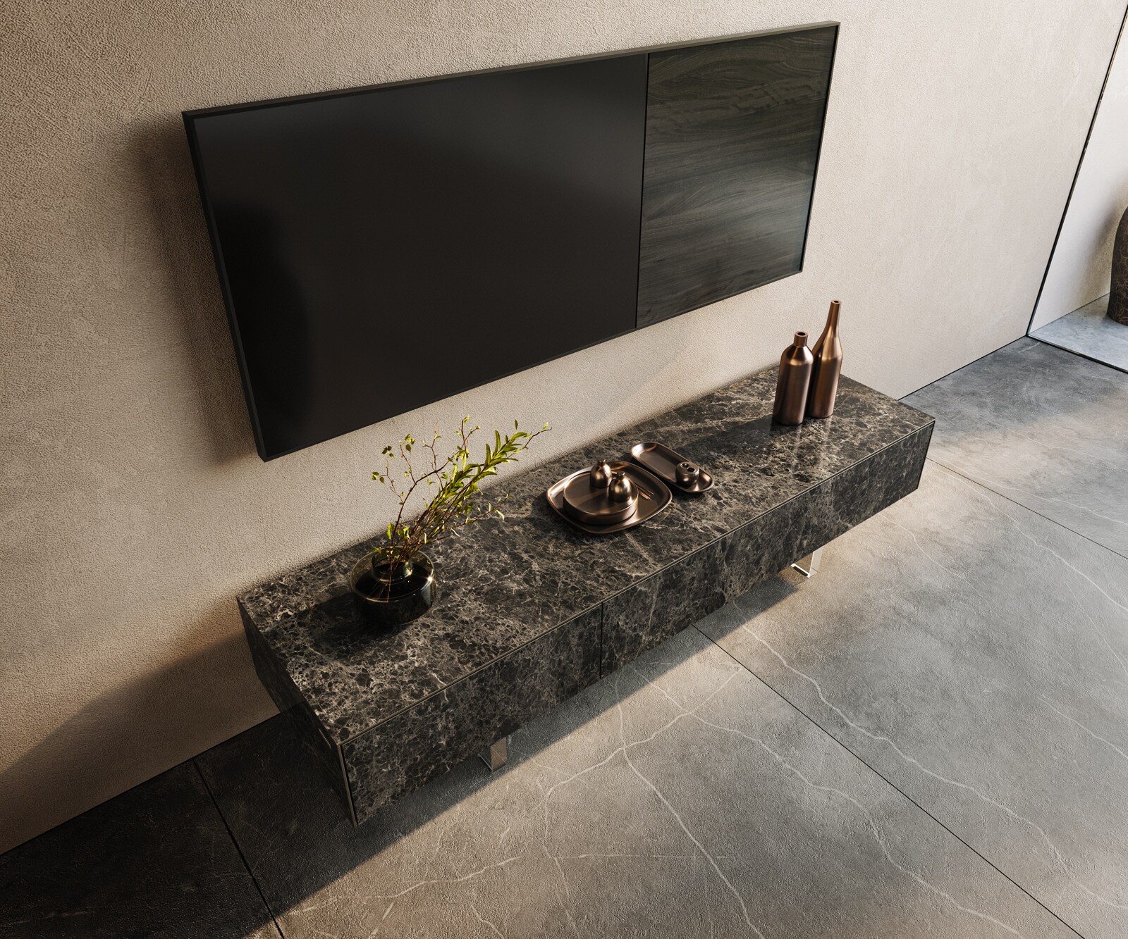 Ниска дъска Cuor 150 см Керамичен ламинат® Emperador Extra Lucidato Тъмно кафяво 1 капак 1 чекмедже Основа Плаващо акрилно стъкло 3