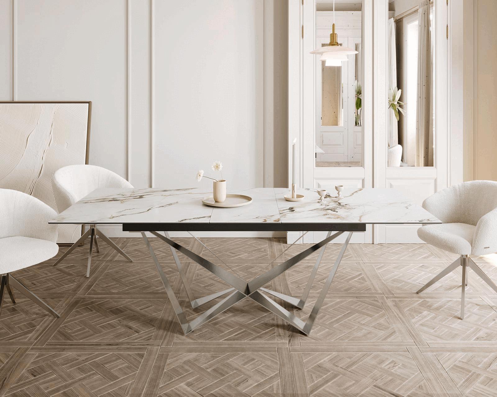 Разтегателна трапезна маса Edge 180-220x100 см Керамика Calacatta Luxe бяло-златисто-сиво Spider основа сребриста 1