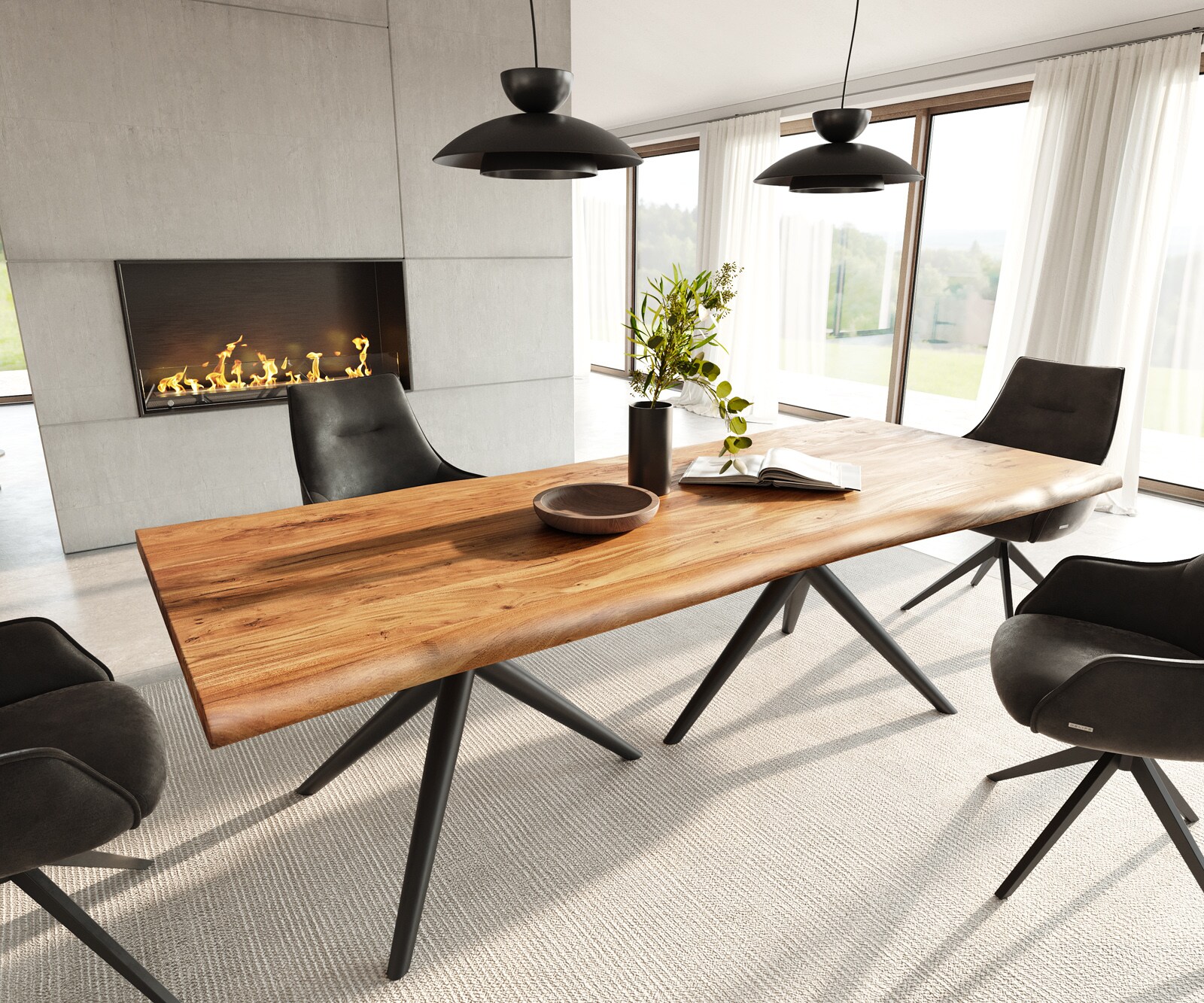 Трапезна маса Edge 240x100, естествена акация Estelar, кръгла, метална, черна, с естествени ръбове 1