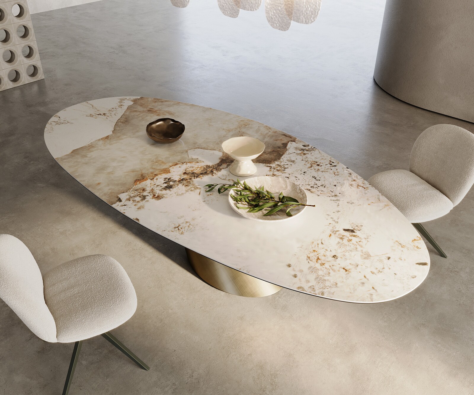 Edge Овална маса за хранене 280x130 керамика Minas Melange Бяло-бежово Cono Metallic Gold 1