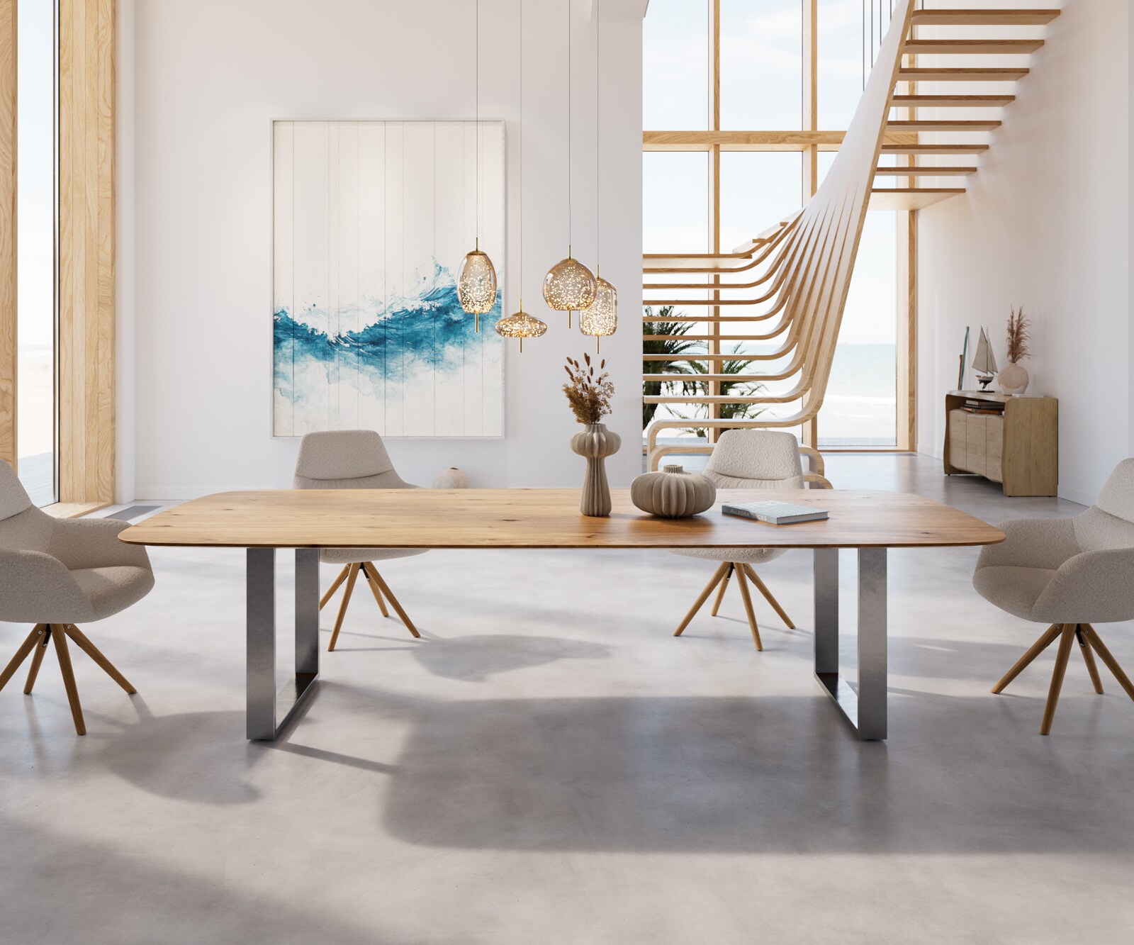 Маса Boot 300x100 Дъб Натурал Неръждаема стомана Тесен профил Швейцарски ръб Edge 2