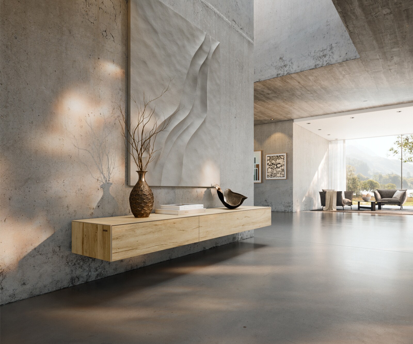 Ниска дъска Cuor 200 cm Керамичен ламинат® Sabbia Дъб цвят 1 клапа 1 чекмедже Плаващ