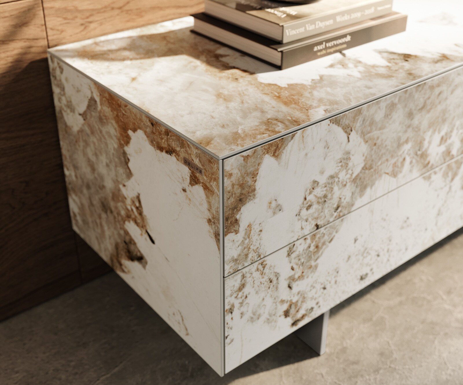 Нисък плот Cuor 180 см керамика Minas Melange Бяло-бежово 1 клапа 2 чекмеджета Основа Плаващ вид неръждаема стомана 6