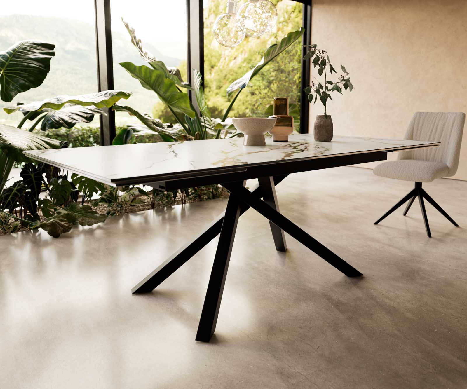 Разтегателна трапезна маса Edge 200-300x100 Керамика Calacatta Luxe Бял-Злато-Сив Кръсртовидна основа Черен 6