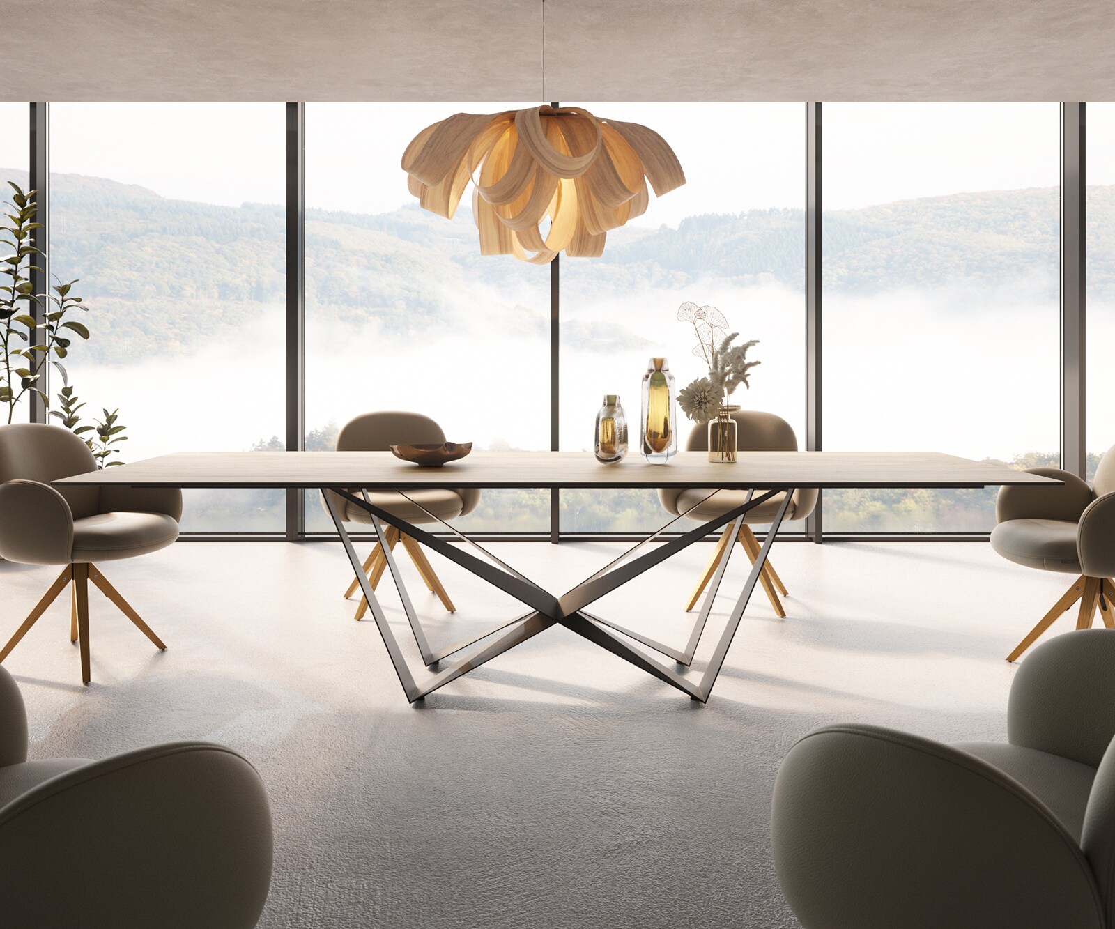 Маса 300x100 Keramik Laminam® Sabbia Дъбцвят Spider плоска стомана Черен Edge 1