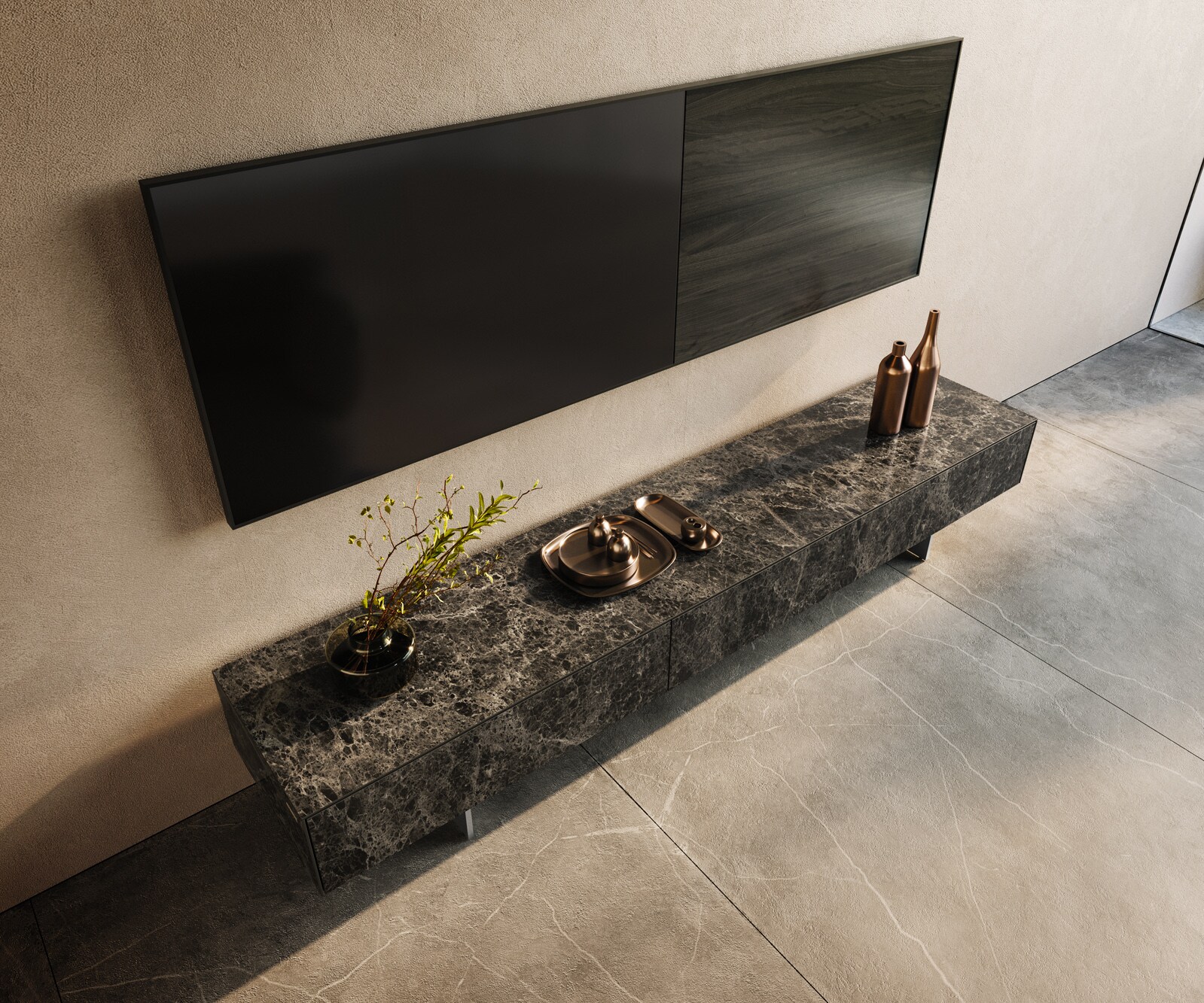 ТВ шкаф Cuor 200 см Керамика Laminam® Emperador Extra Lucidato Тъмно-кафяво 1 врата 1 чекмедже Основа неръждаема стомана 3