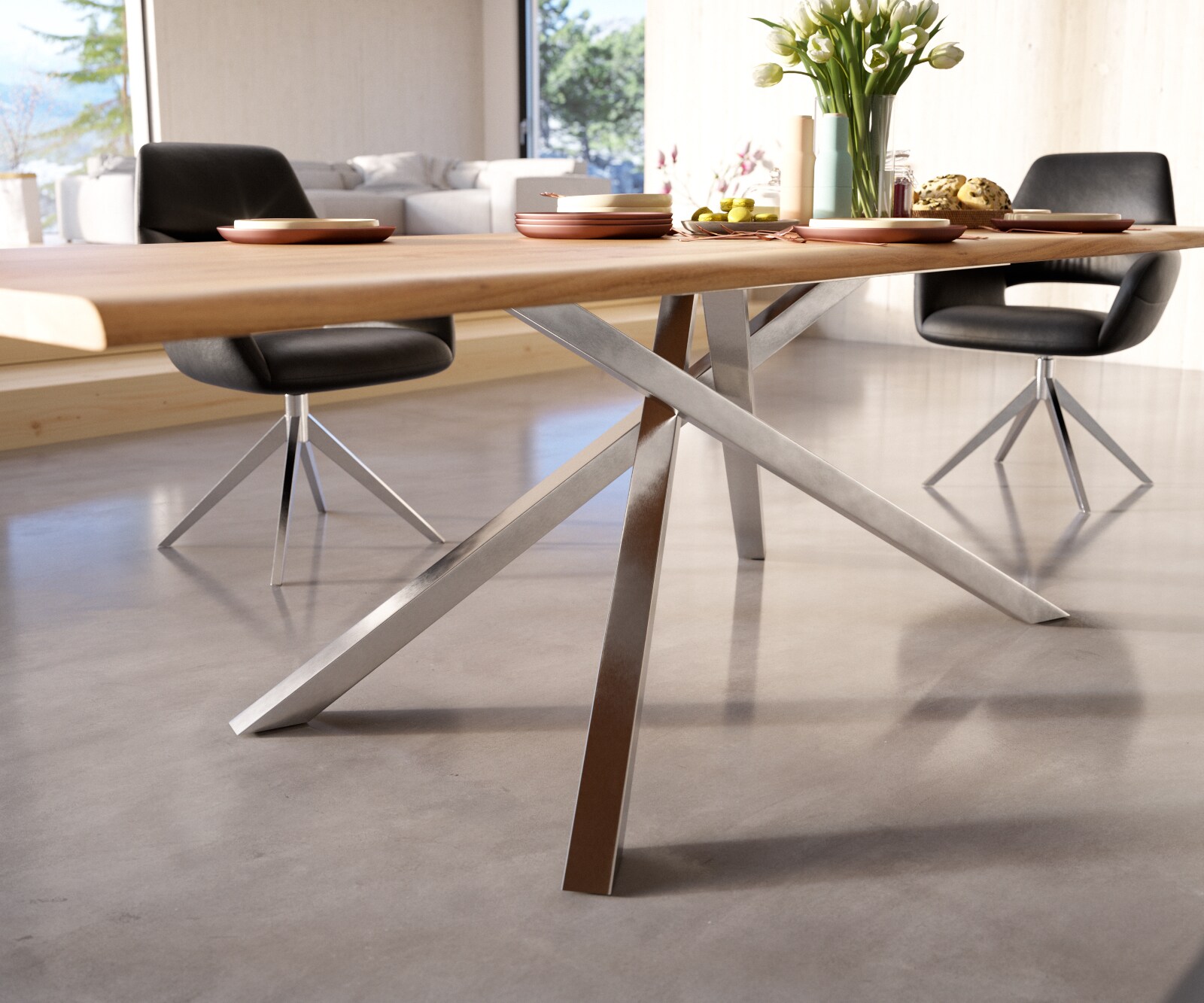 Трапезна маса Edge 260x100, естествена акация, кръстовидна конструкция, правоъгълна, неръждаема стомана, Live-Edge 4