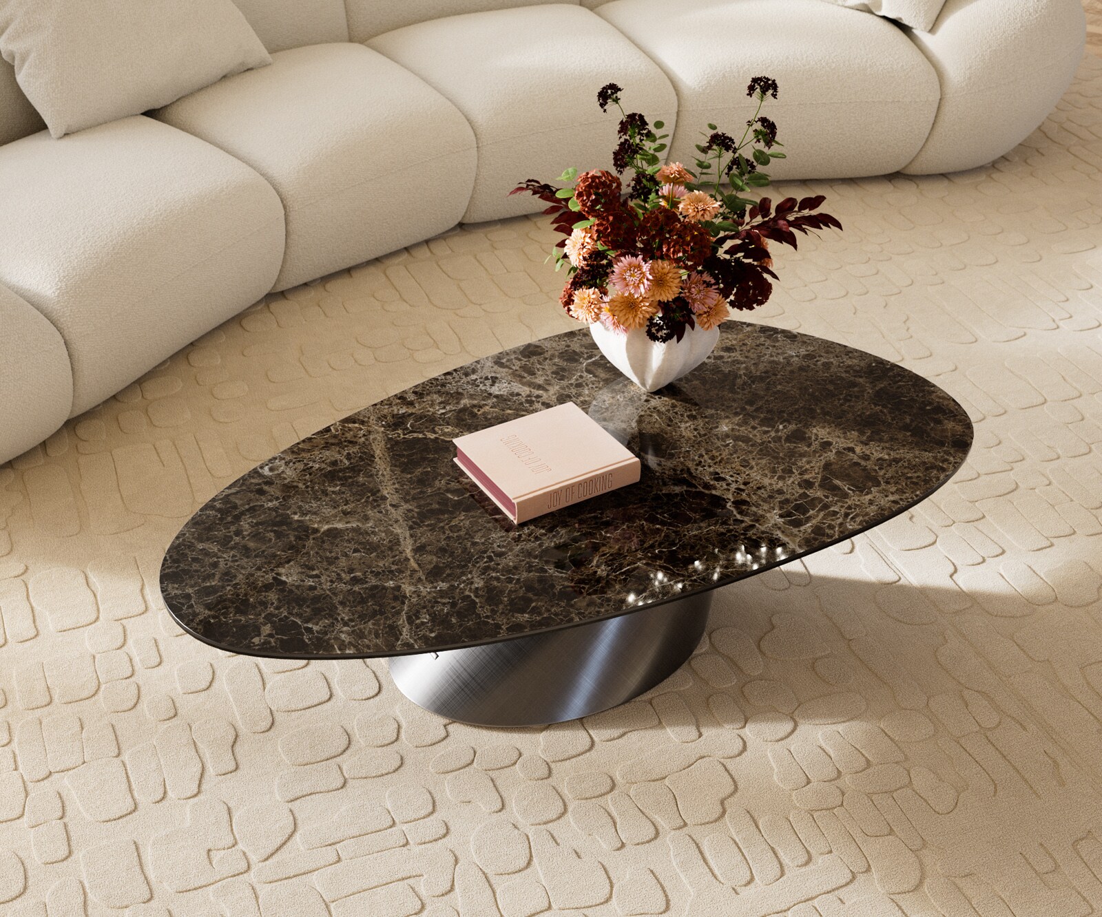Масичка за кафе Edge Oval 140x75 cm керамика Laminam® Emperador Extra Lucidato тъмнокафяво Conis Metallic Silver 3