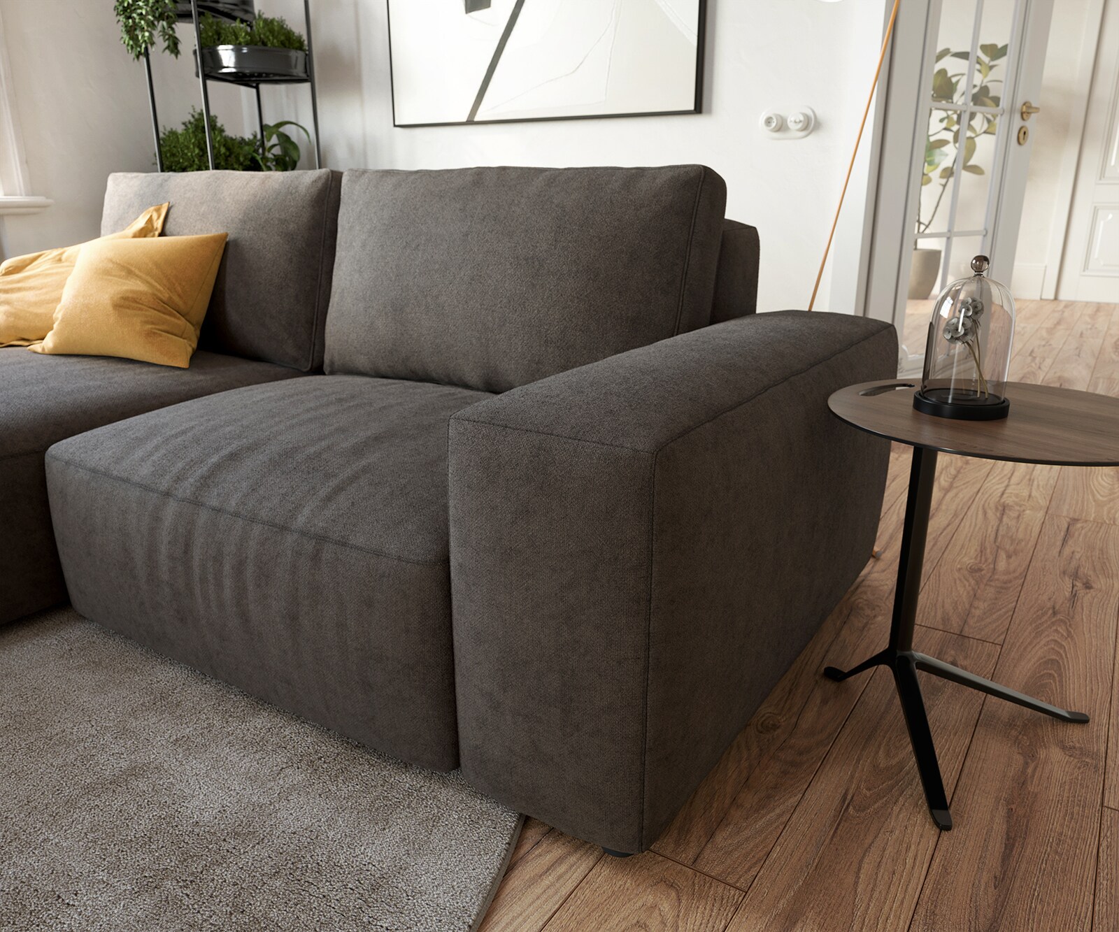 Ъглов диван Lanzo L 230x155 см Микрофибър Каки-Кафяв, Лява/Дясна Лежанка, с табуретка 3
