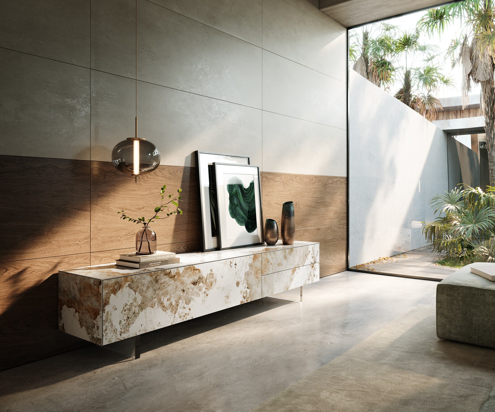 Ниска дъска Cuor 220 см Керамика Minas Melange Бяло-бежово 1 клапа 2 чекмеджета Основа Плаващ вид акрилно стъкло 1