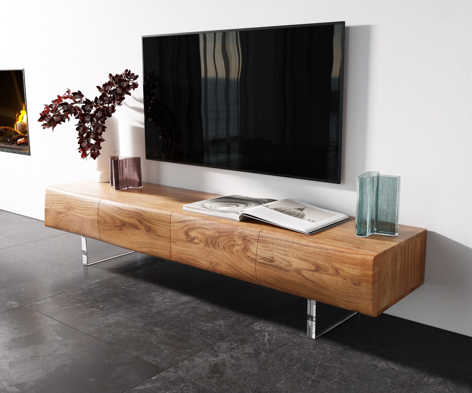 Нисък шкаф New Live-Edge 175 см, естествена акация, 4 врати, акрилна основа