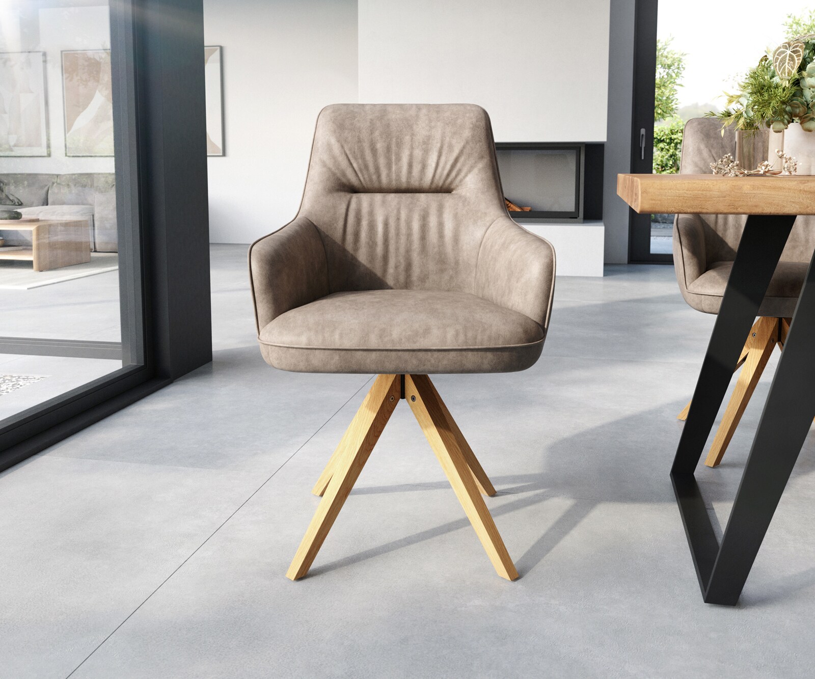 Врътящ се стол с подлакътници Таупе Винтидж Дървена рамка  180° въртящ се Покет пружина Zelia-Flex 2