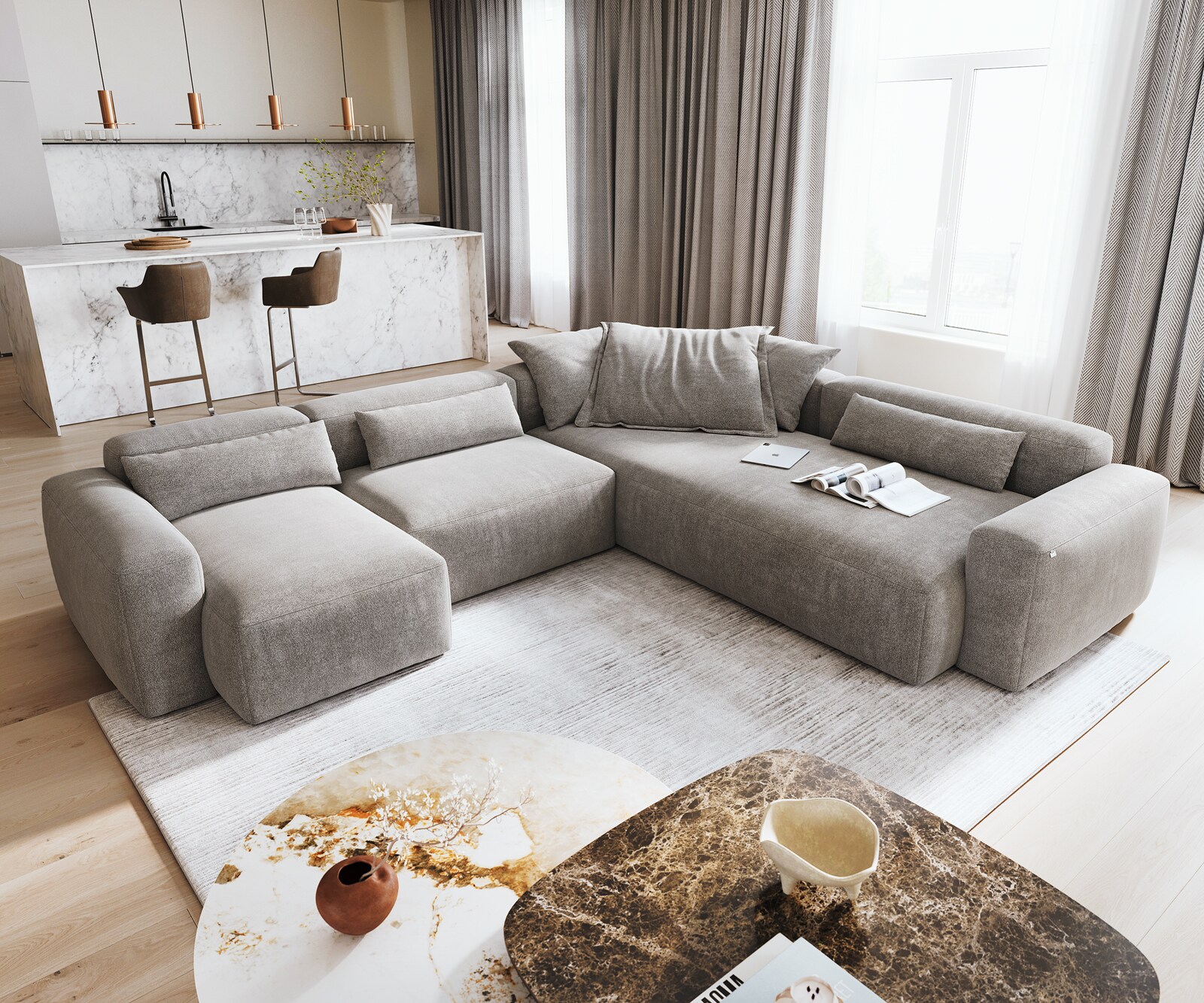 Дневен кът Freestyle 360x290 cm структурирана тъкан мека сива прошивка