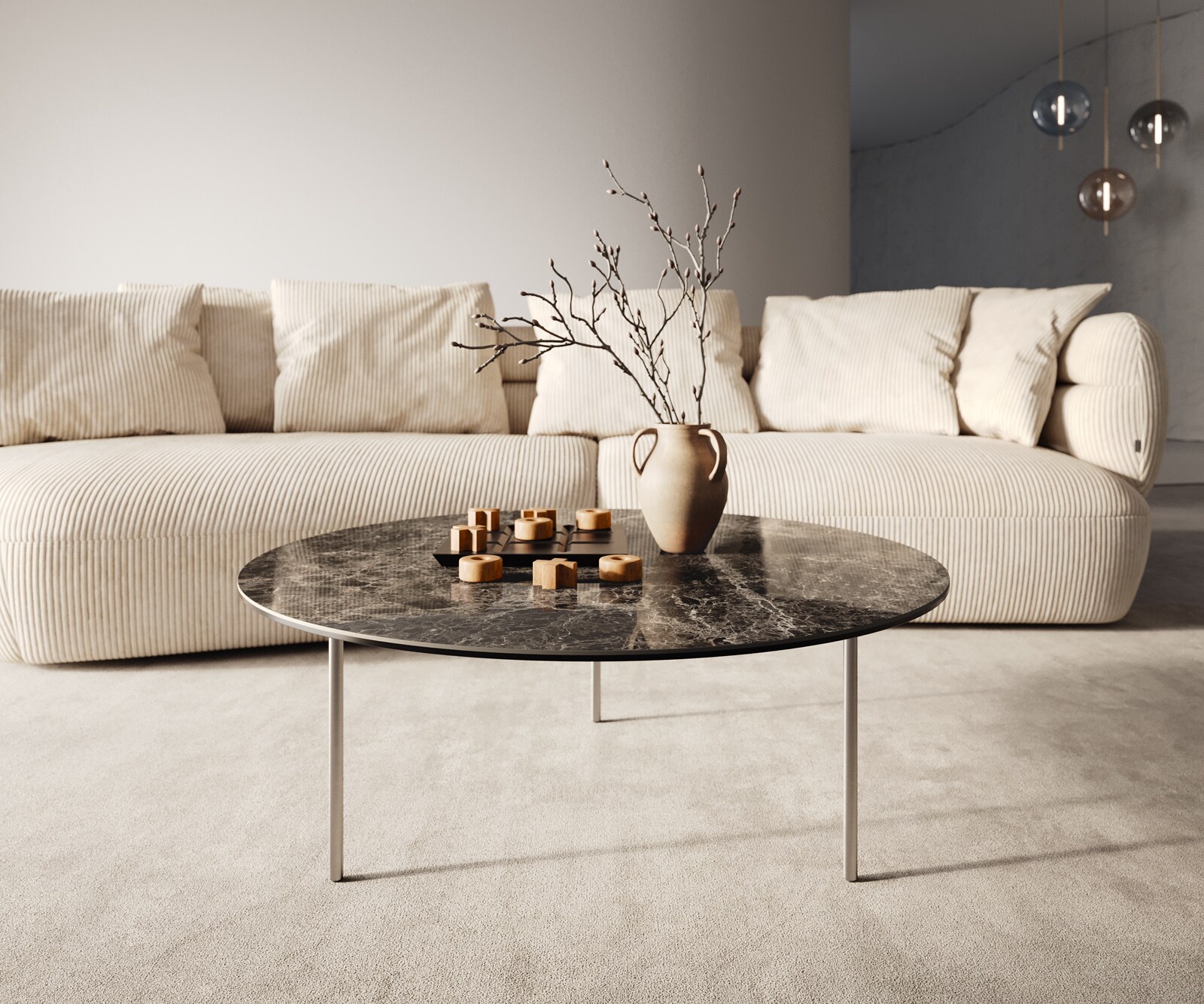 Масичка за кафе Edge Round 90x90 cm Керамичен ламинат® Emperador Extra Lucidato Тъмнокафяв плот Матирана неръждаема стомана 2