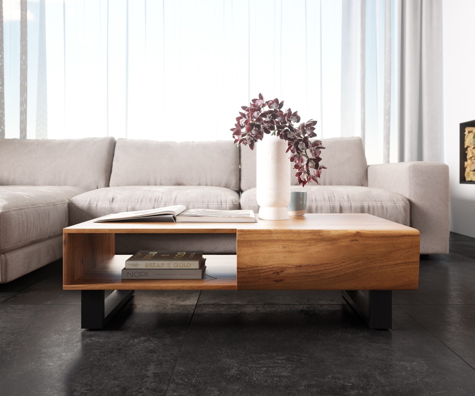 Масичка за кафе New Live-Edge 115x60 cm Acacia natural 2 чекмеджета 1 рафт Плъзгащ се метал черен 1