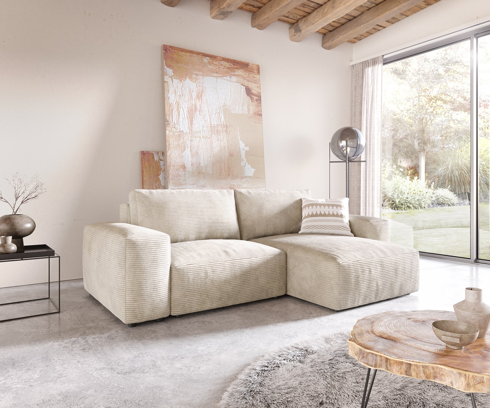 Ъглов диван Lanzo L 230x155 см Рипс Бежов, Лява/Дясна Лежанка