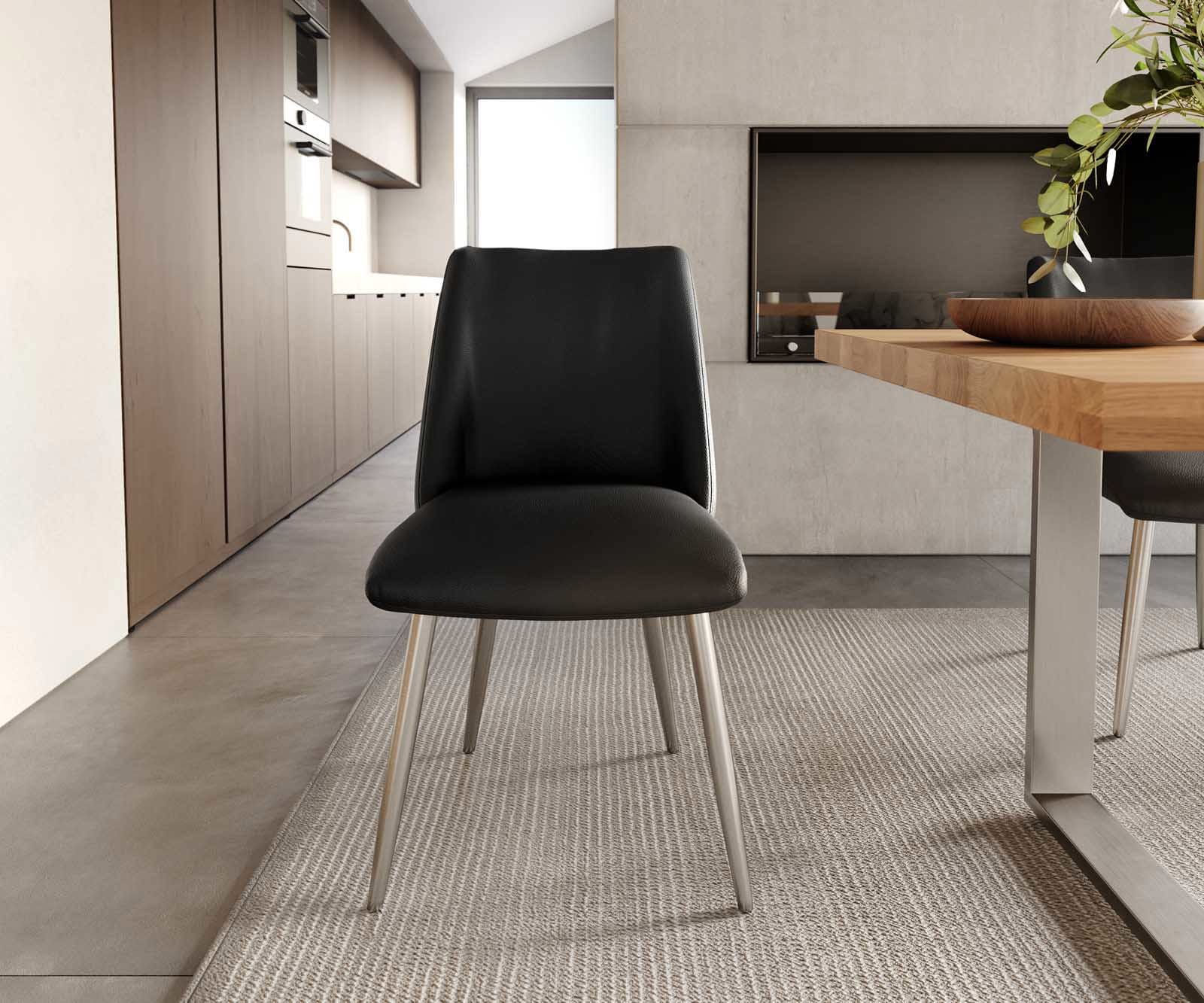 Трапезен стол Естествена кожа Черен 4 крака конични Неръждаема стомана Покет пружина Elso-Flex 1 Трапезен стол Естествена кожа Черен 4 крака конични Неръждаема стомана Покет пружина Elso-Flex 1