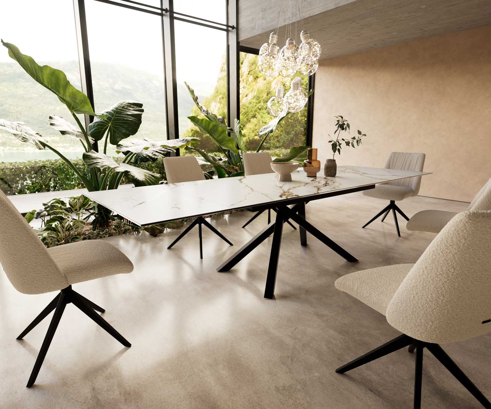 Разтегателна трапезна маса Edge 200-300x100 Керамика Calacatta Luxe Бял-Злато-Сив Кръсртовидна основа Черен