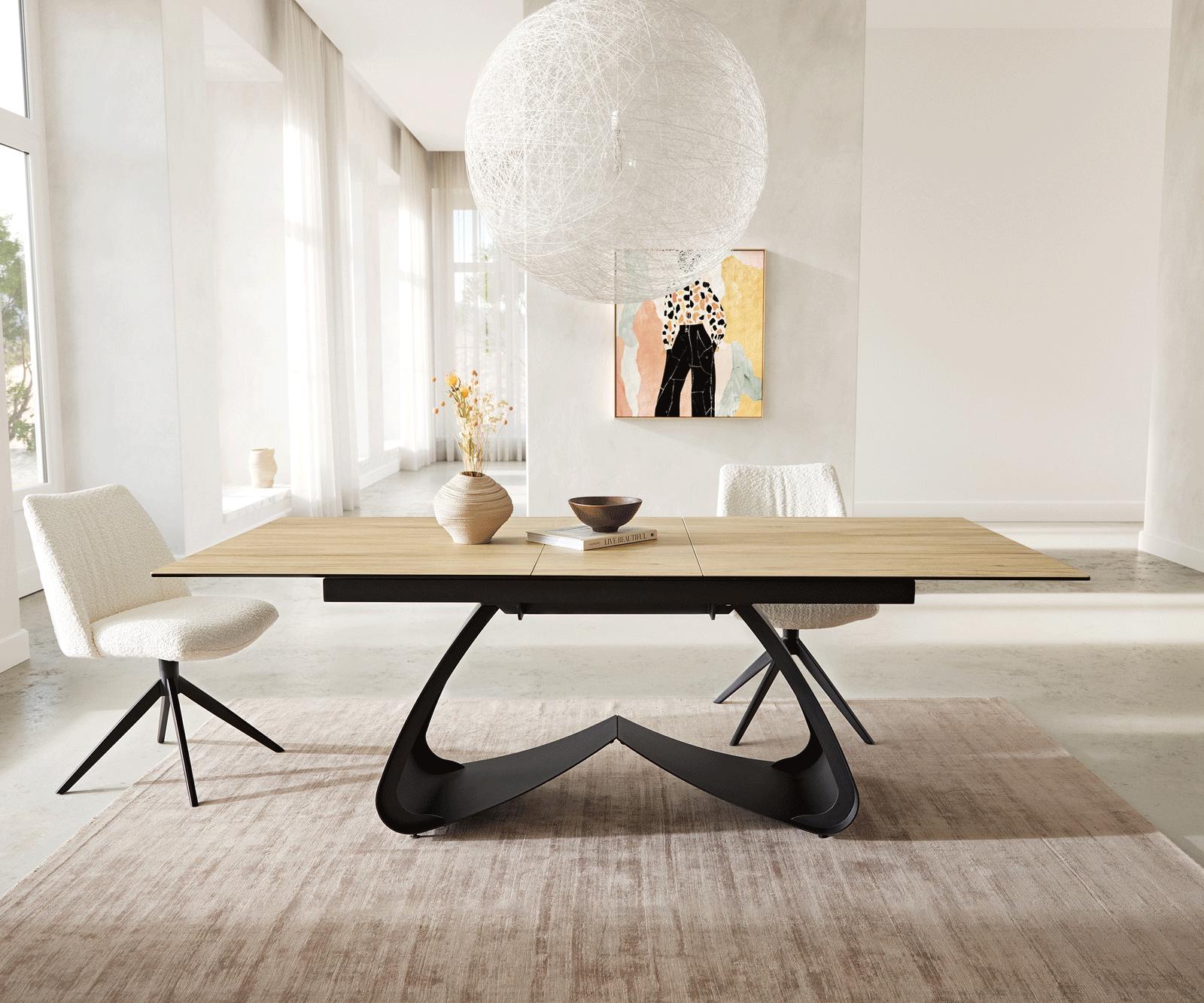 Разтегателна трапезна маса Edge 180-220х100 см Керамика Laminam® Sabbia цвят Дъб W-образна основа Черен 5