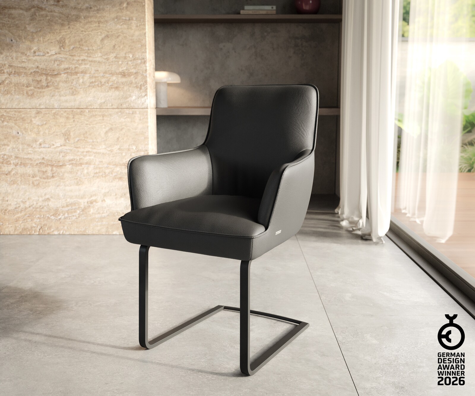 Люлеещ стол с подлакътници Естествена кожа Черен Конзолен крак плосък Черен Покет пружина Heira-Flex