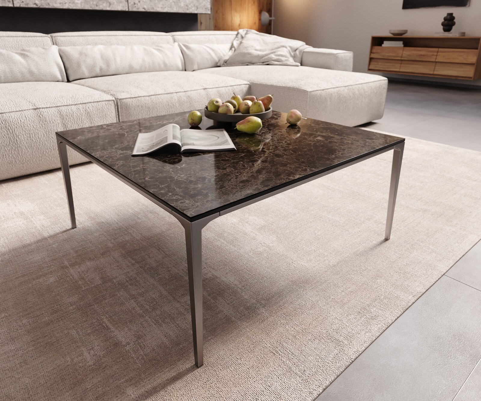 Масичка за кафе Levente 85x85 cm керамика Laminam®Emperador Extra Lucidato тъмнокафяво Рамка от неръждаема стомана сребро