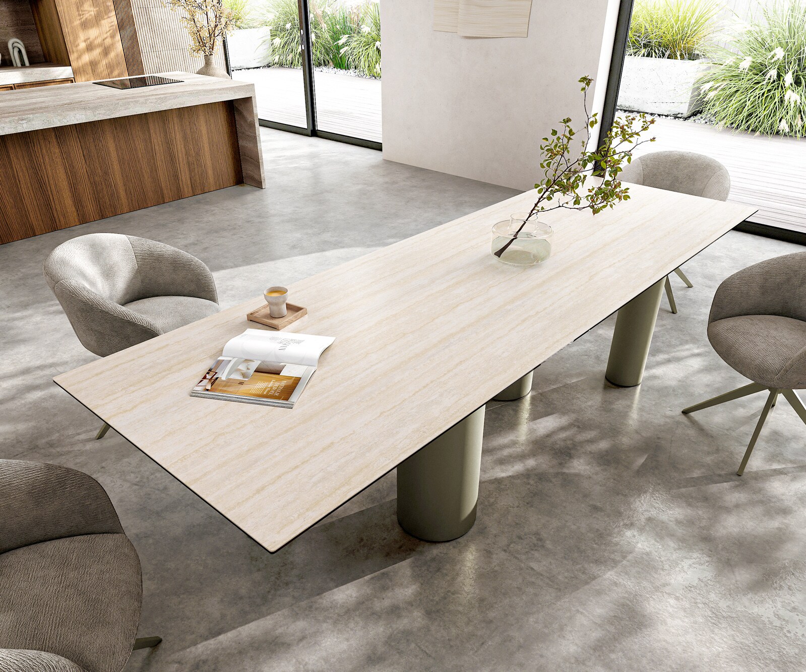 Трапезна маса Edge 300x100, керамика Laminam „®“, Travertino Bianco (кремаво-бял), метални колони с титанов ефект 4