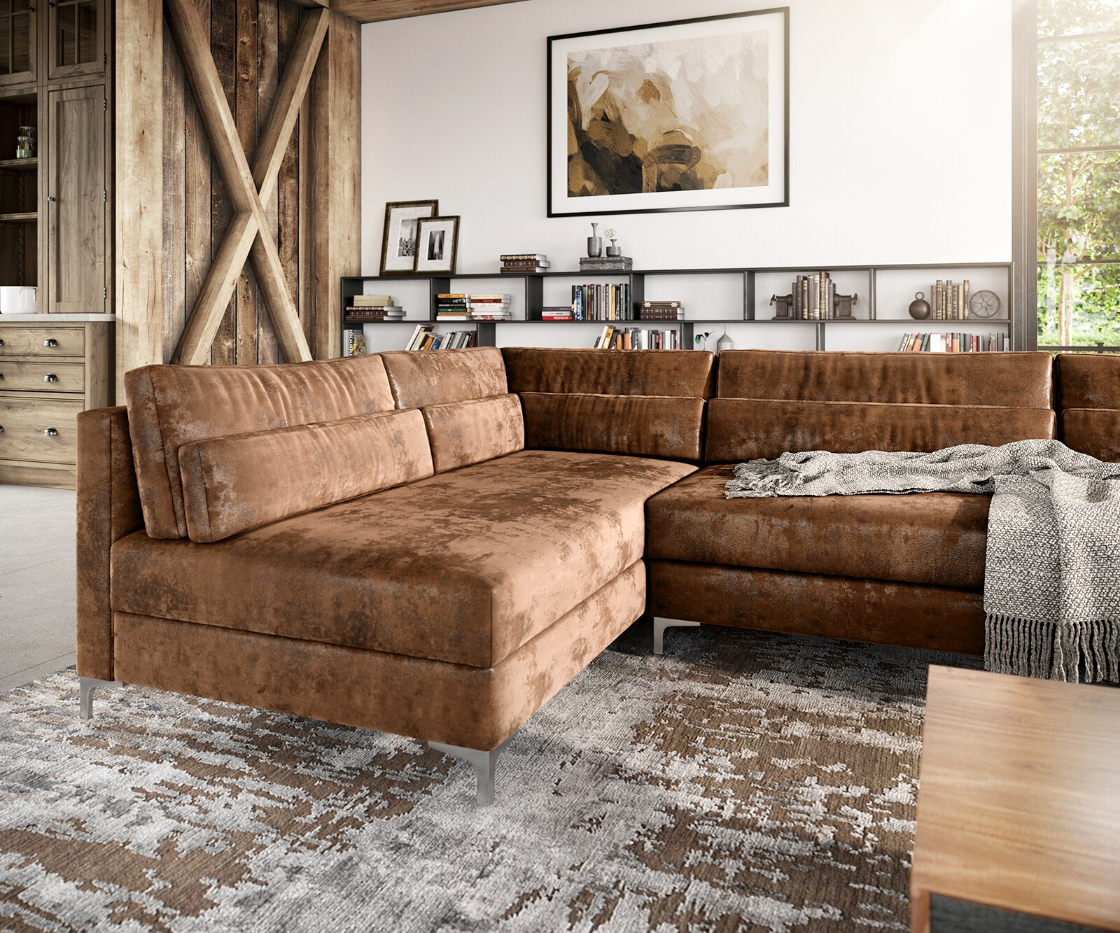 Холна гарнитура 300x185 cm Имитация на кожа Винтидж Кафяв Антик с Табуретка Elio 4