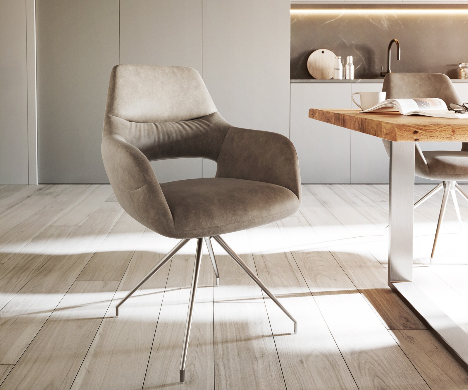 Врътящ се стол с подлакътници Таупе Винтидж Конус крак кръгъл Неръждаема стомана 180° въртящ се Yago-Flex Врътящ се стол с подлакътници Таупе Винтидж Конус крак кръгъл Неръждаема стомана 180° въртящ се Yago-Flex