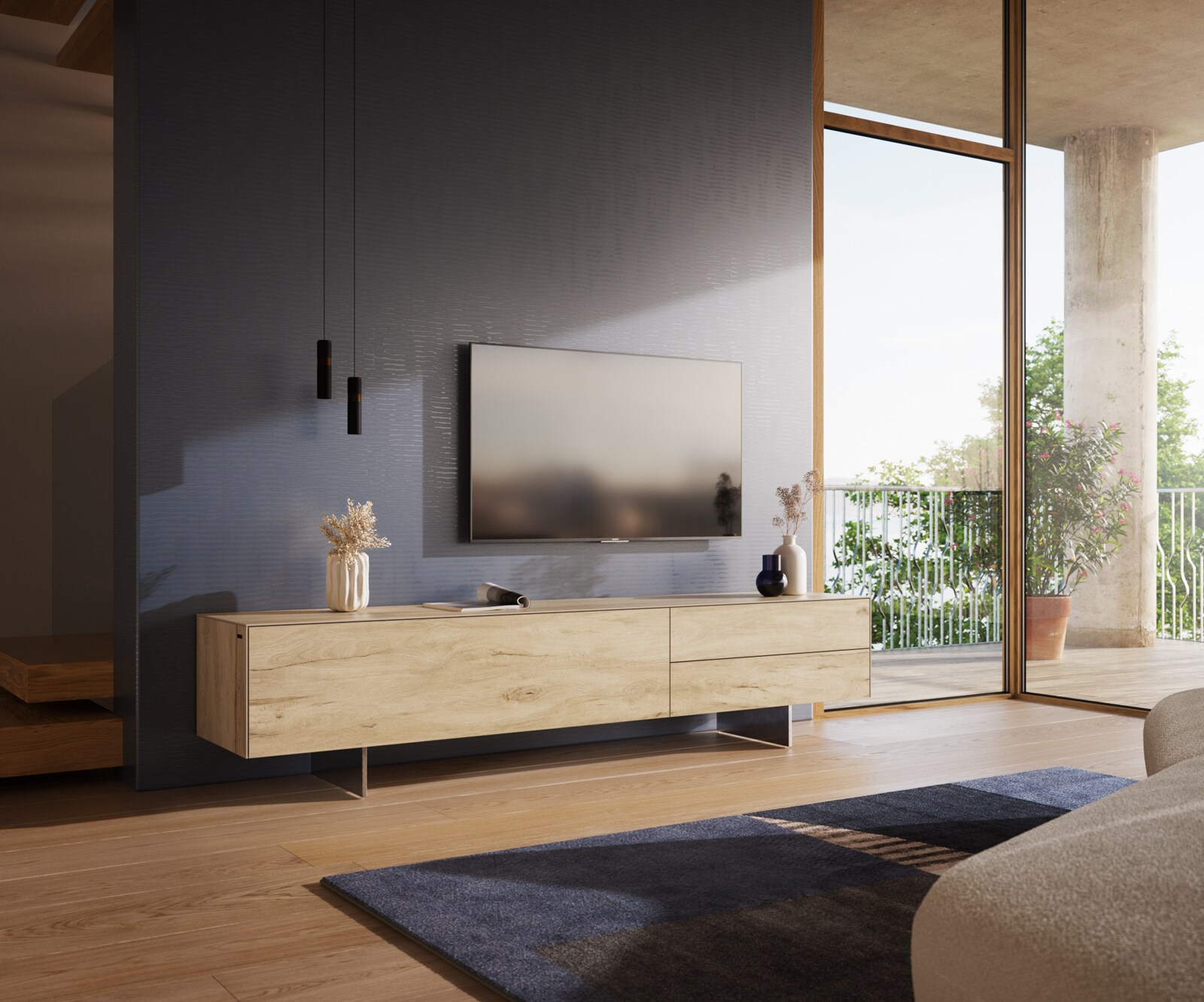 ТВ шкаф Cuor 220 см Керамика Laminam® Sabbia Дъбов цвят 1 врата 2 чекмеджета Основа неръждаема стомана 1