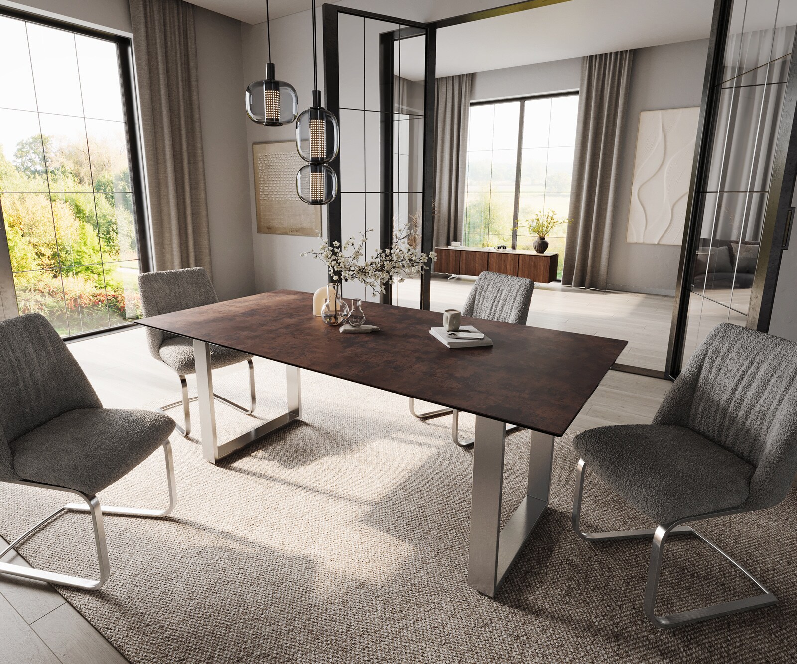 Edge трапезна маса 200x100 стъкло антично кафяво неръждаема стомана тесен 5