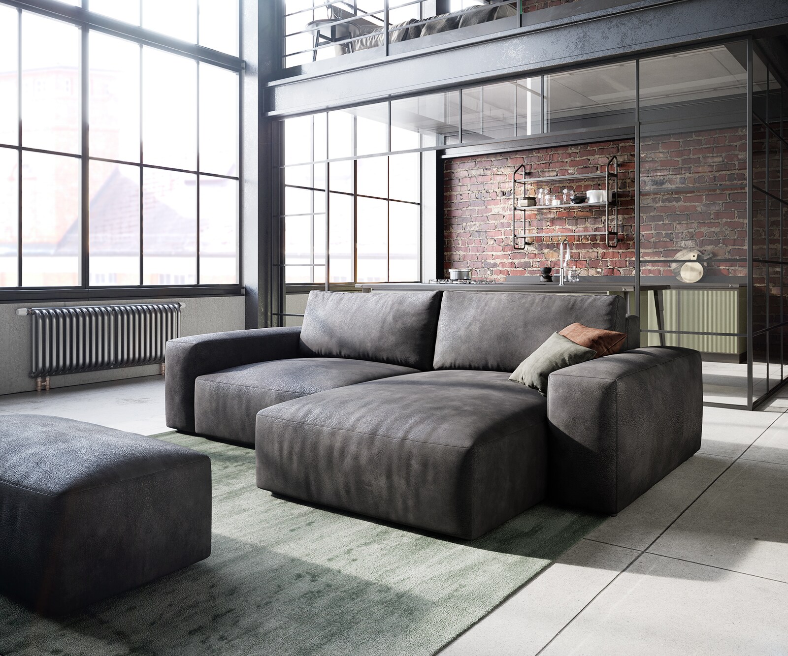 Ъглов диван Lanzo L 230x155 см, Имитация на кожа, Винтидж Антрацит, Лява/Дясна Лежанка, с табуретка