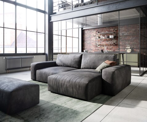 Ъглов диван Lanzo L 230x155 см, Имитация на кожа, Винтидж Антрацит, Лява/Дясна Лежанка, с табуретка
