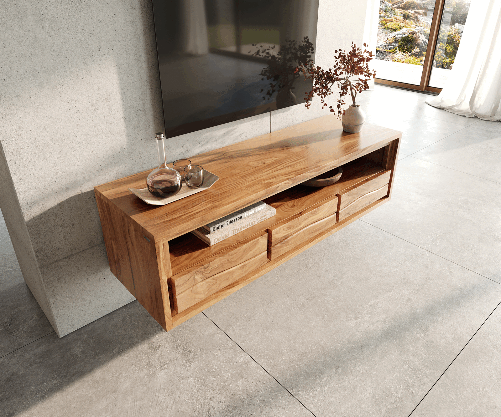 ТВ шкаф Live-Edge 146 см естествена акация 3 чекмеджета 1 отделение плаващо 3