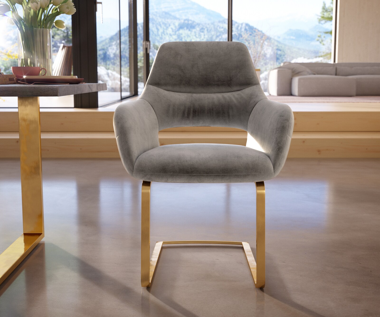 Люлеещ стол с подлакътници Кадифе Сив Конзолен крак плосък Злато Yago-Flex 1