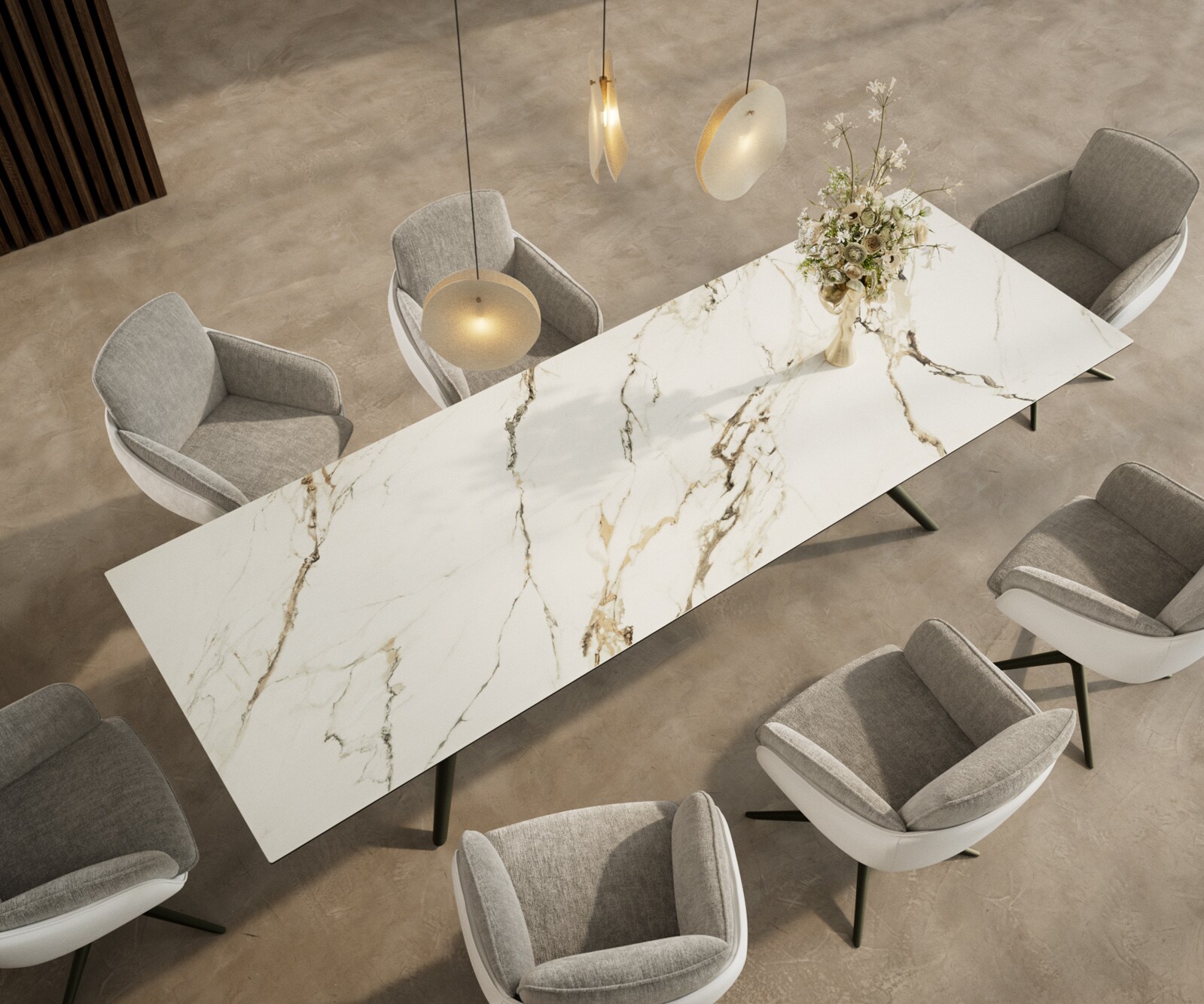 Трапезна маса Edge 300x100, керамика Calacatta Luxe, бяло-златно-сиво, Estelar, кръгла, метал, ефектно покритие „Титан“ 3