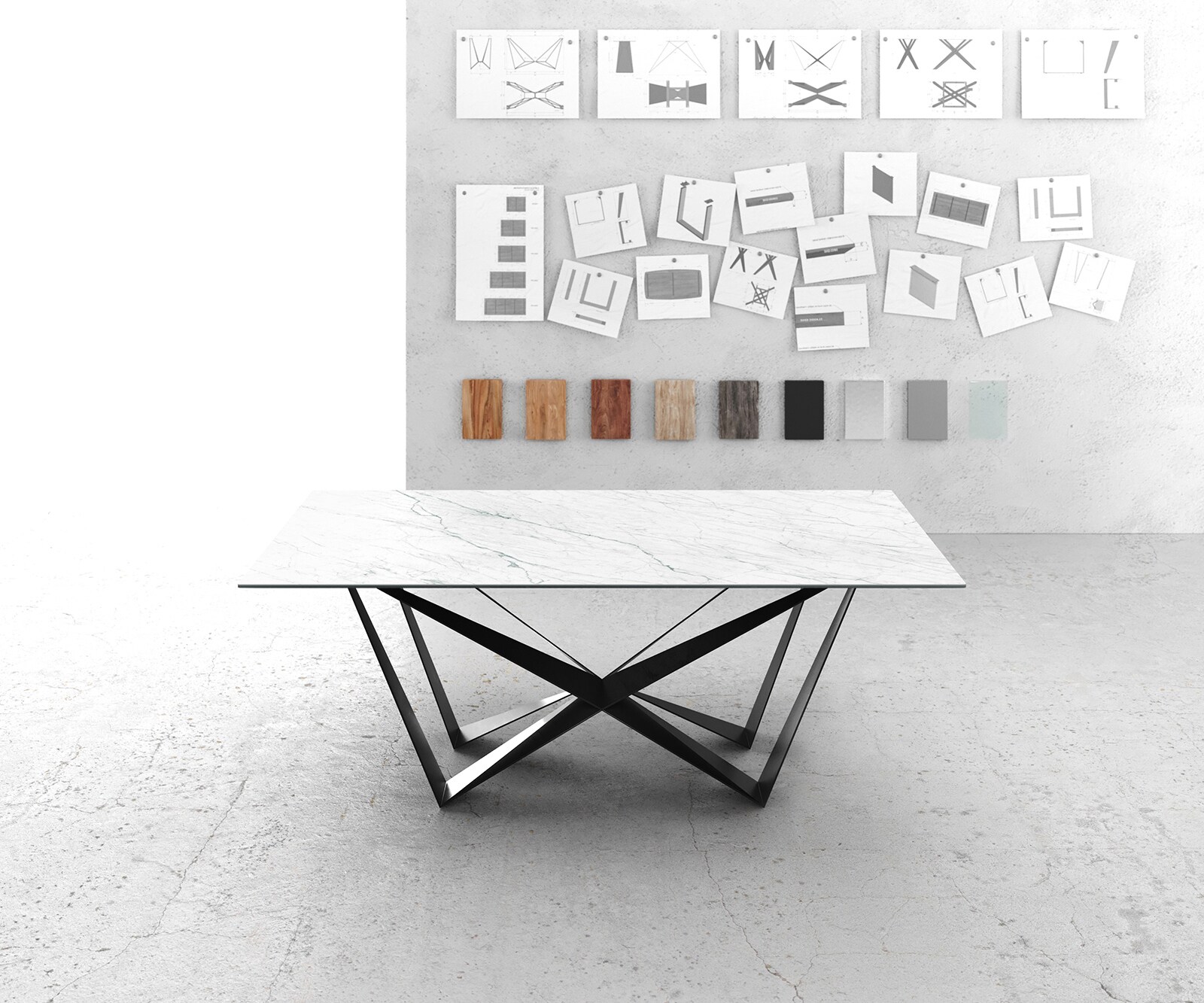 Маса 200x100cm Keramik Laminam®Statuarietto Бял среден крак плоска стомана Черен Edge 1