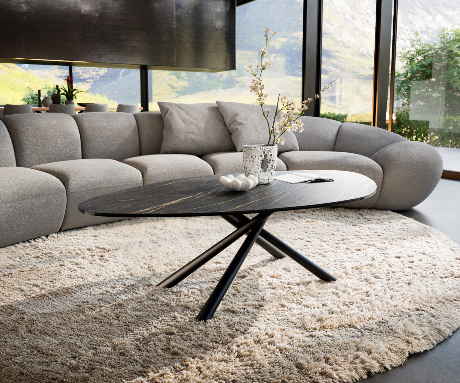 Масичка за кафе Edge Organic 140x76 cm Ceramic Laminam® Noir Desir Brown Sarity Metal Black