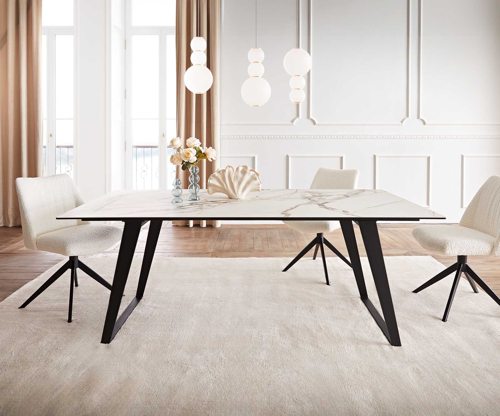 Маса 200x100 Keramik Calacatta Luxe Бял-Злато-Сив Метал под ъгъл Черен Edge