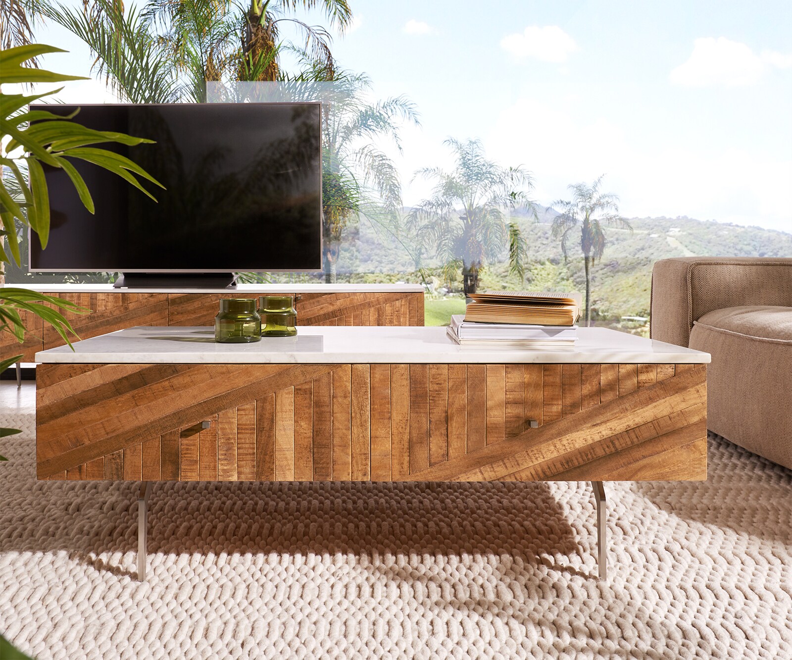 Холна маса Bahan 115x60 cm Масив Манго/Тиково дърво 2 чекмеджета Мрамоплот Метални крачета 1