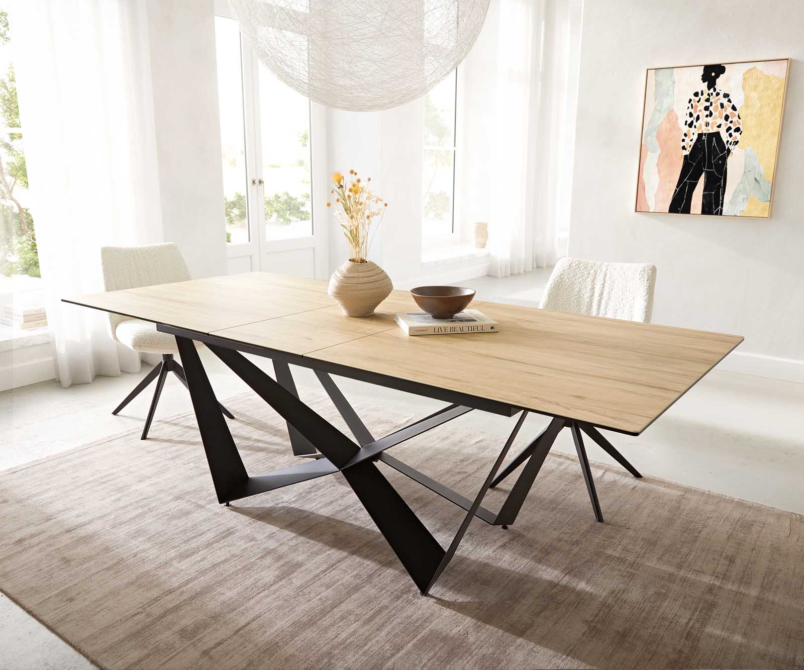 Маса 180-220x100 Keramik Laminam® Sabbia Дъбцвят Spider плоска стомана Черен разтегателна Edge
