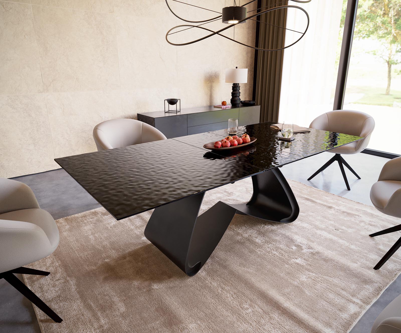 Маса 180-220x100 РелефноСтъкло ОпушеноЧерен 3D-Design W-Рамка Черен разтегателна Edge